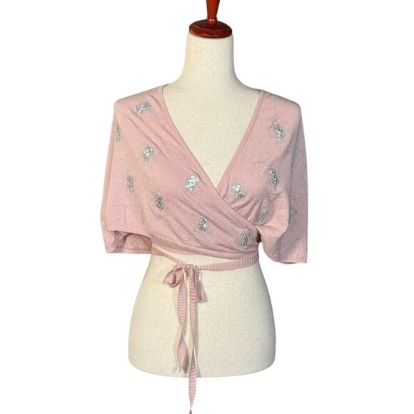 Noa Noa Sweaters - Vintage Noa Noa Pink Knit Wrap Cardigan Embellished Sequins Tie Front Ballet OS